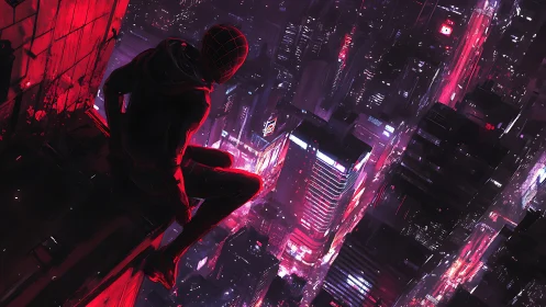 Urban vigilante overlooking neon-soaked futuristic skyline.