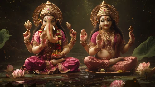 Hindu deities seated on lotus pond with ornate lighting and color
