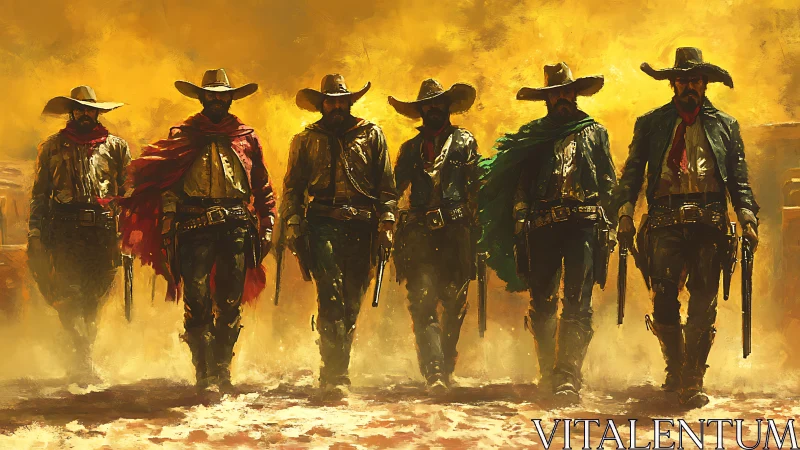 Gritty western gunslingers stride through blazing dust storm.