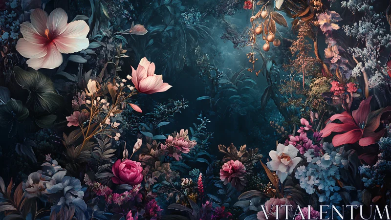 Enchanted Garden. Floral Abundance Blooms Against Deep Teal Darkness.