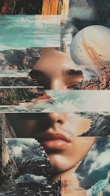 Planet-dreaming portrait spliced with drifting canyon worlds.