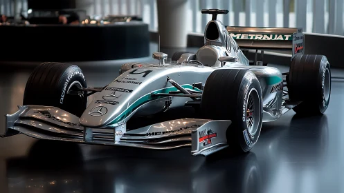 Silver bullet of speed lounges under gallery lights, coiled