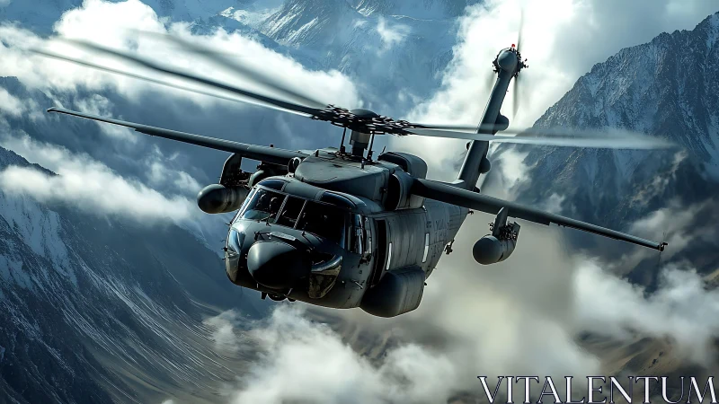 Military helicopter cuts through dense alpine cloud bank