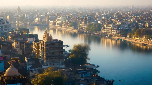 Golden morning light gently embraces a peaceful riverside city