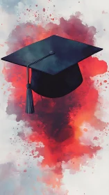 Graduation mortarboard over expressive red watercolor field.