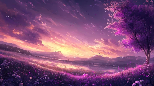 Digital landscape depicts lavender field under sunset sky