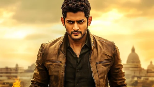 Confident hero in a golden city skyline at sunset.