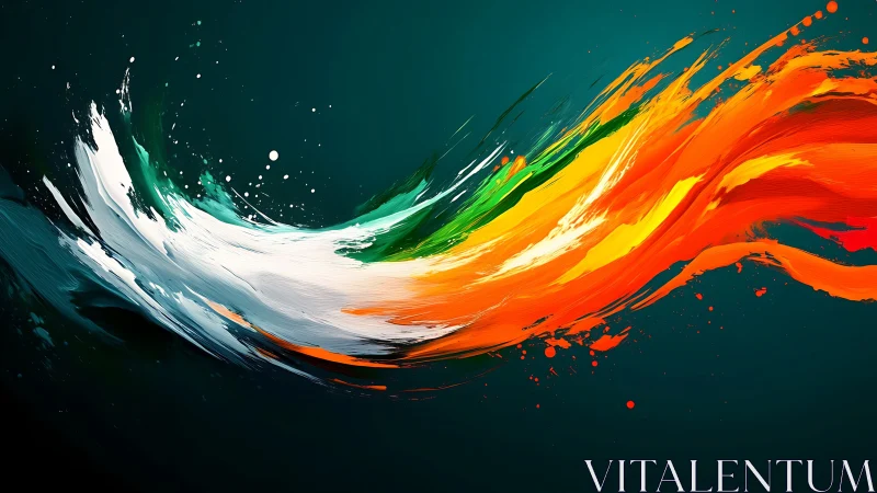 Curved tricolor paint streaks traverse a dark teal background