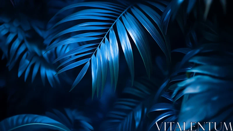 Luminous blue palm fronds rendered in high-contrast digital light
