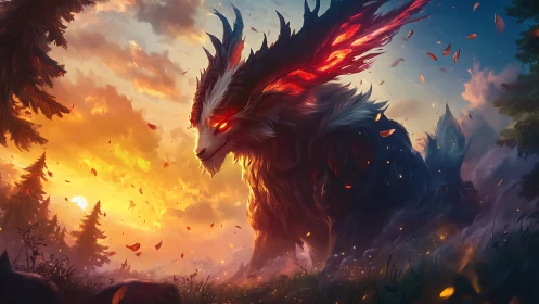 Twilight forest crowns a ember-horned guardian between worlds