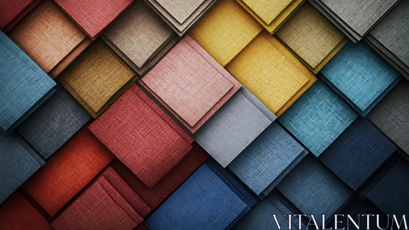 Colorful layered fabric squares create a woven geometry.