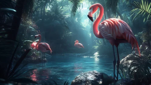 Sunlit flamingos stand in a misty emerald jungle lagoon