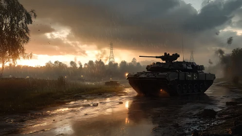 Modern battle tank moves through rainy forest road at dusk