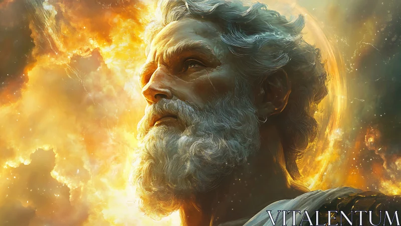 Elderly male profile is rendered against luminous nebula background