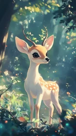 Young stylized fawn stands in dappled light within forest glade