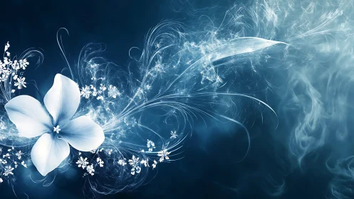 Ethereal white blossom swirling through icy blue light field.
