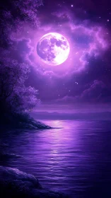 Purple full moon over calm water and shadowed shoreline.