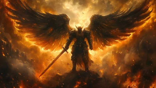 Armored dark angel warrior in blazing apocalyptic inferno.