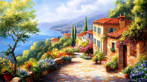 Coastal hillside village path overlooks water and mountains