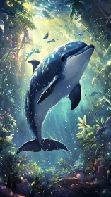 Luminescent dolphin ascending through refracted jungle light