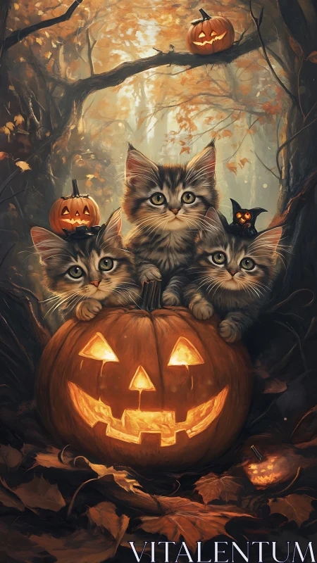 Three Kittens Gather Around a Glowing Jack-O'-Lantern