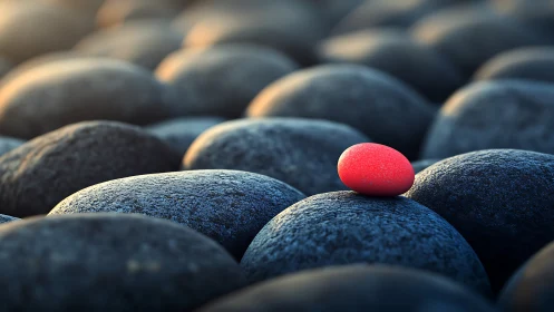 Photorealistic red pebble on dark river stones in bokeh field.