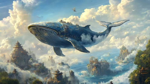 Majestic sky whale glides above misty temples and bright sea