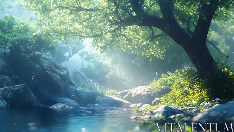 Sunlit riparian woodland rendered in high-detail digital painting
