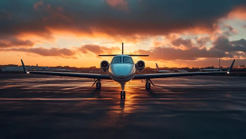 Private jet on wet runway under vivid sunset sky.
