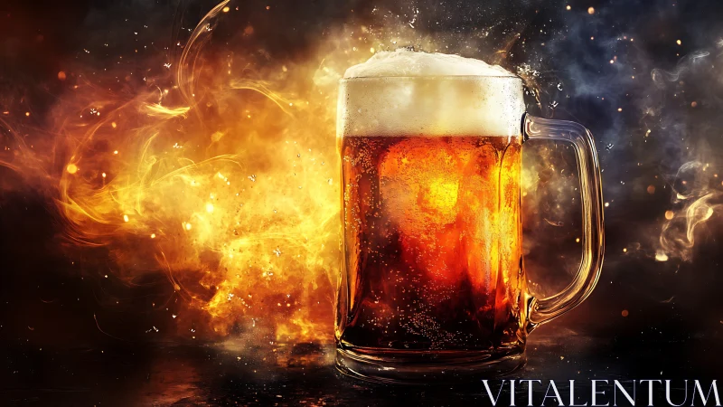 Golden Ale Mug Erupting with Fiery Cosmic Energy.