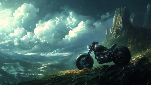 Custom bobber motorcycle silhouettes against stormlit alpine valley