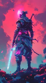 Neon-lit cyber samurai stands against a saturated magenta sky