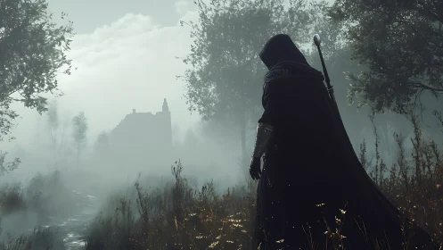 Hooded cloaked figure on foggy forest path toward structure.