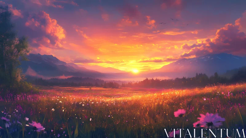 Sunlit alpine meadow rendered with saturated atmospheric gradients