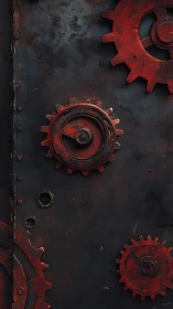 Corroded red steel gears interlocked on distressed dark metal panel