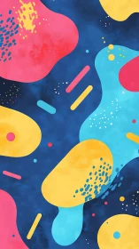 Playful neon blobs drift across deep blue cosmic currents.