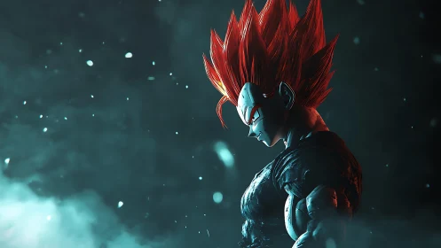 Saiyan warrior stands in glowing storm of teal energy.