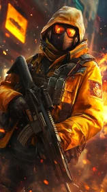 Flame-eyed urban sentinel waits in ember-lit neon streets