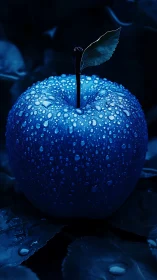 Blue dewdropped apple stands against dark leafy background