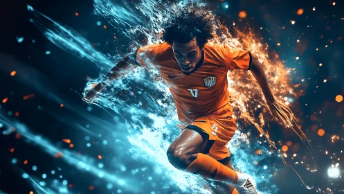 Dynamic soccer player sprints through fiery ice energy trail.