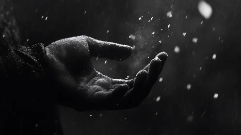 Low-key monochrome hand catching drifting snow in motion
