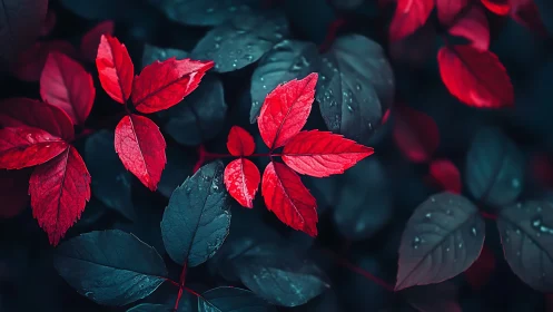 Crimson vine leaves contrasted against teal foliage background.