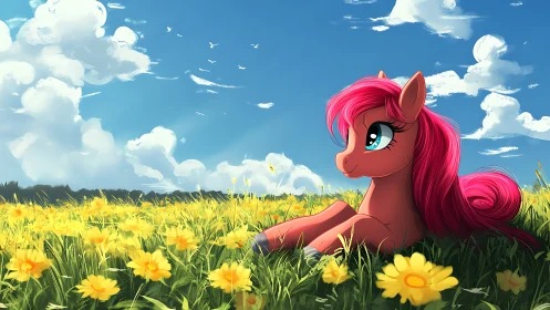 Cartoon pony resting in sunny yellow flower meadow field.