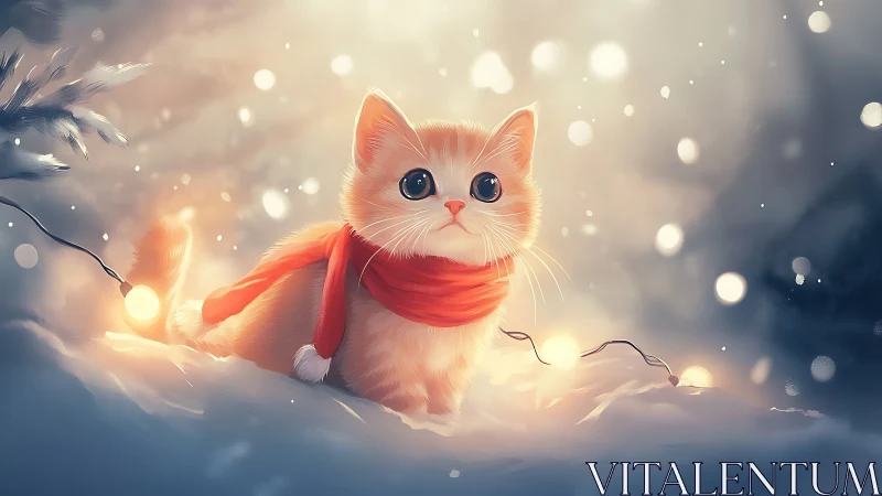 Stylized white feline figure with red scarf positioned in snow environment.