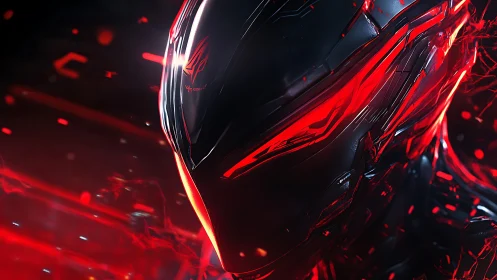 Cybernetic combat visor with red luminescent HUD surfaces