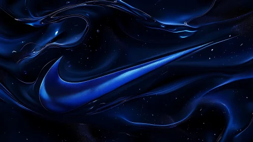 Blue swoosh logo glows across fluid dark abstract waves.