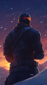 Armored winter operative overlooking fiery mountain sunset.
