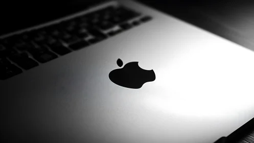 Oblique macro view isolates laptop logo with shallow depth of field