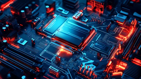 Cyberpunk motherboard core with neon thermal pathways rendering.