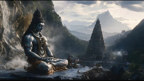 Monolithic Shiva meditation beside terraced waterfall sanctuary.